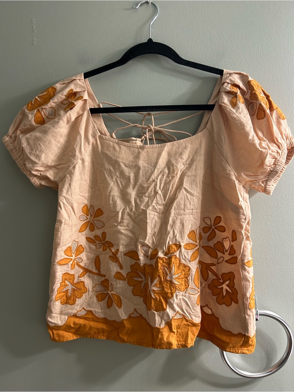 NWT Madewell Embroidered Lace Up Back Top Puff Sleeves Orange Peach Floral - Picture 4 of 7